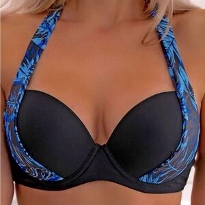 🏝️Tropical Print Halter Push Up Bikini Top Blue/Black